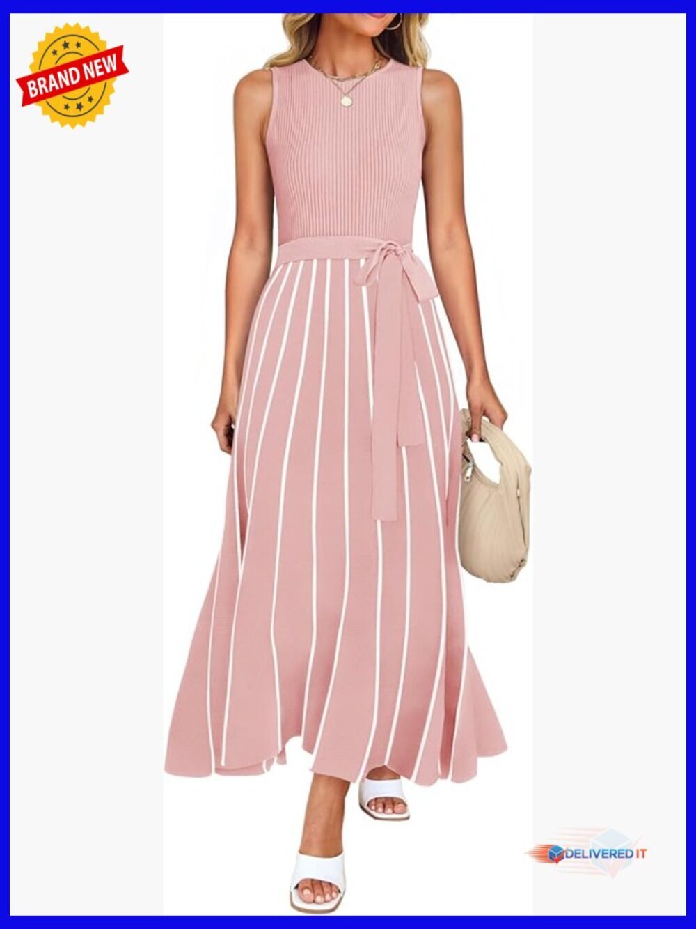 Sleeveless Ribbed Knit Maxi Dress with Tie Waist